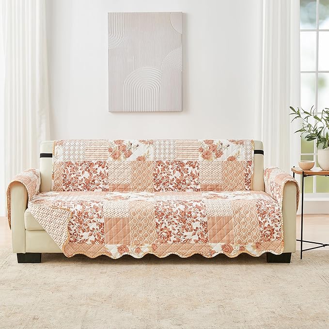 Great Bay Home Reversible Patchwork Sofa Cover - Washable Slipcover Furniture Protector with Elastic Straps - Perfect for Kids & Pets - Box-Stitched Detail (Dusty Rose)