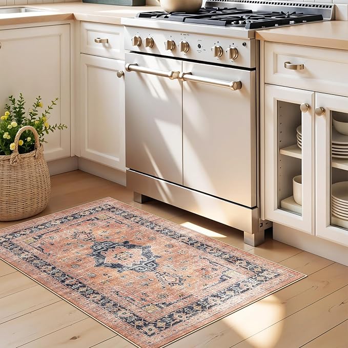Washable 2x3 Small Area Rug: Vintage Indoor Soft Non Slip Door Mat Stain Resistant Carpet for Bedroom Living Room Light Weight Floor Mat for Kitchen Bathroom - Perfect for Homes with Pets (2x3,Orange)