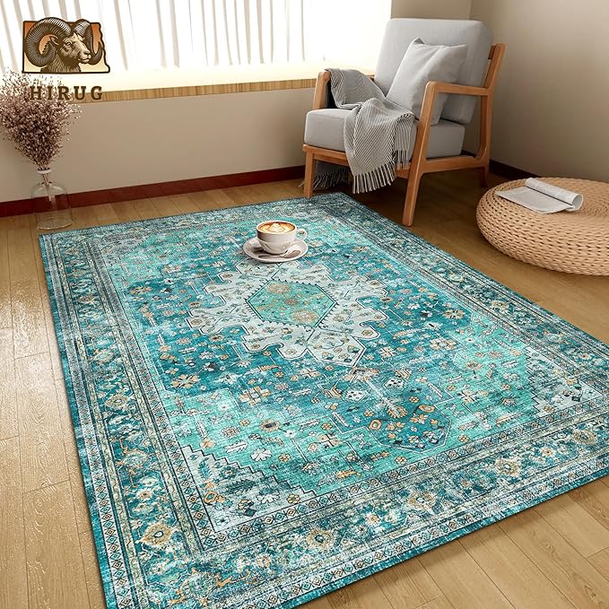 Washable Area Rug 3' x 5 ' Vintage Traditional Persian Mat - Foldable Distressed Non-Slip Machine Washable Carpet for Living Room Bedroom Kitchen Home Decor - Teal and Gold