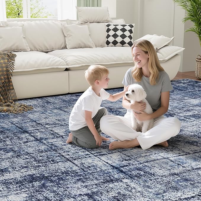 8x10 Area Rugs for Living Room Washable Rug: Anti-Skid Abstract Modern Living Room Rug Soft Thin Carpets Indoor Floor Non-Shedding Carpet for Bedroom Dining Farmhouse Nursery Navy Light Gray