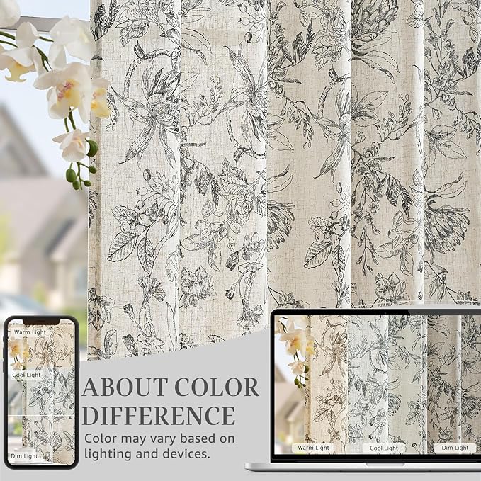 jinchan Floral Curtains 108 Inch Length Black Flower Linen Farmhouse Curtain for Living Room French Country Vintage Curtain Rod Pocket Curtains Set 2 Panels Balck Floral Printed
