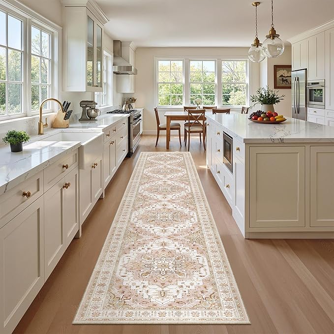 Madane Hallway Runner Rug 2x12, Extra Long Washable Runner Rugs with Rubber Backing, Non Slip Carpet Runner, Vintage Medallion Rug Runners for Kitchen Laundry Room Entryway (Pink, 2'x12')