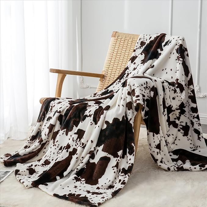 BEDELITE Cow Print Throw Blanket Twin Size for Couch & Bed, 300GSM Cute Plush Cozy Fuzzy Blanket 60x80 inches, Super Soft Warm Lightweight Throw Blanket for Travel Camping, Brown