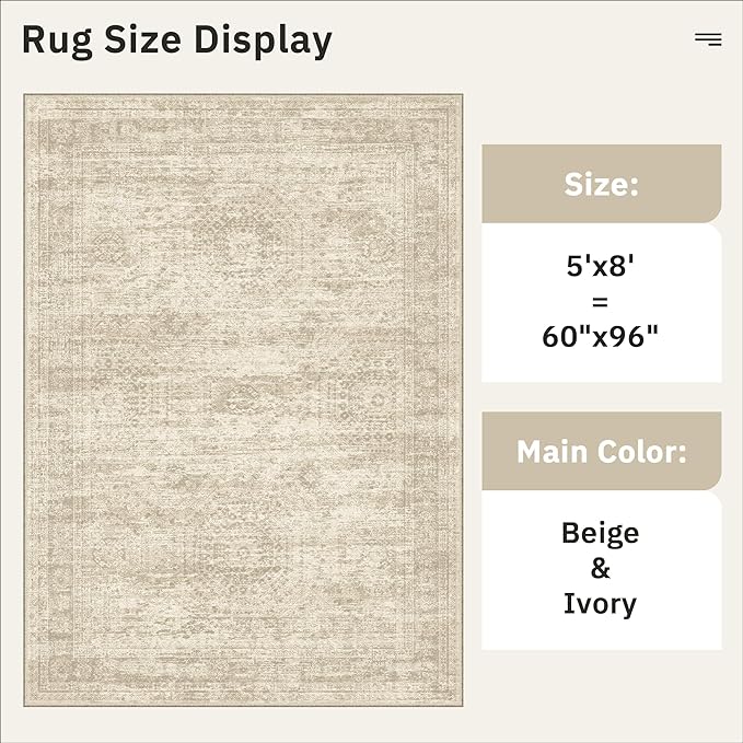 5x8 Area Rugs Beige Low Pile Indoor Washable Trendy Faded Style Rugs for Bedroom Living Room Dining Room Foldable Non-Slip Thin Print Home Office Mat