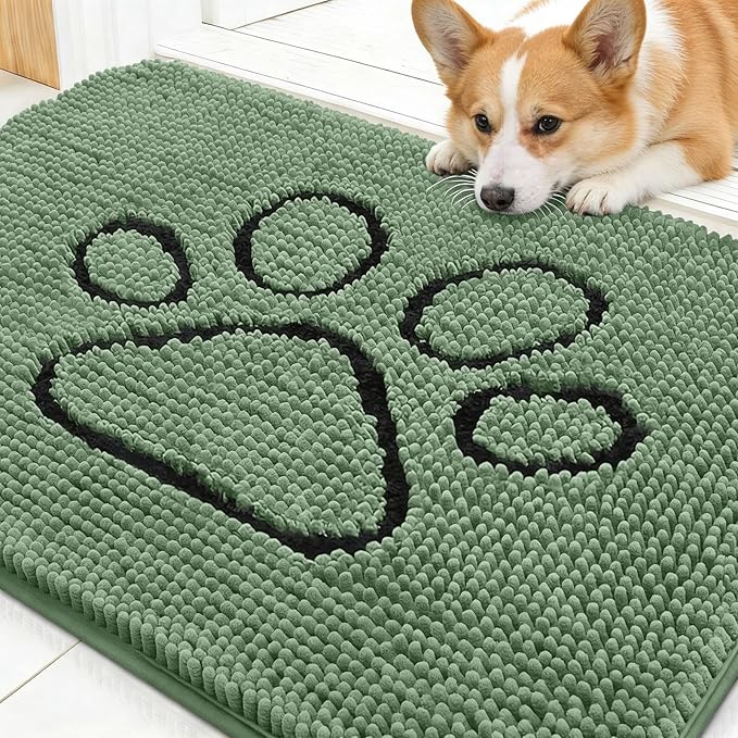 OLANLY Dog Door Mat for Muddy Paws 30x20, Paw Print Design, Absorbs Moisture and Dirt, Absorbent Non-Slip Washable Doormat, Quick Dry Chenille Mud Mat, Entry Indoor Entryway Carpet, Olive Green