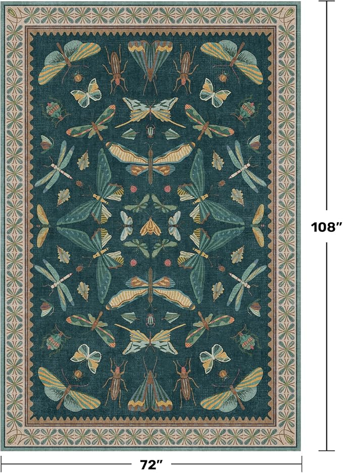Hazo Haus Oriental Blue and Green Area Rugs for Living Room 6x9 - Insect & Butterfly Dining Table Rug, Bedroom Boys, Washable Non Skid Rubber Backed, Vintage Funky Home Décor