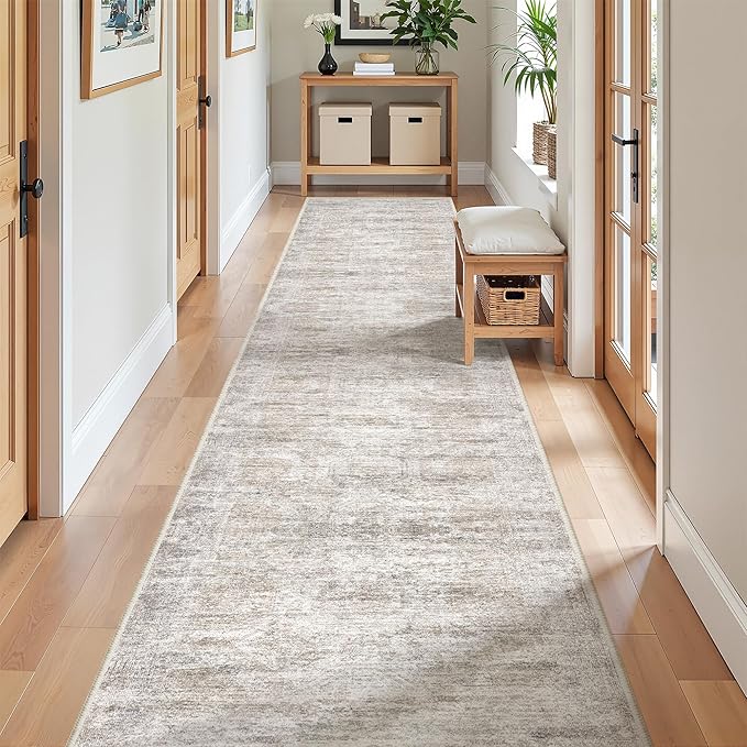 Long Hallway Runner Rug- Carpet Runners for Hallway 12ft, Anti Slip Backing Washable Rug Runner for Entrance, Living Room, Soft Low Pile Modern Rug Runner(2'x12', Brown/Grey/Ivory)