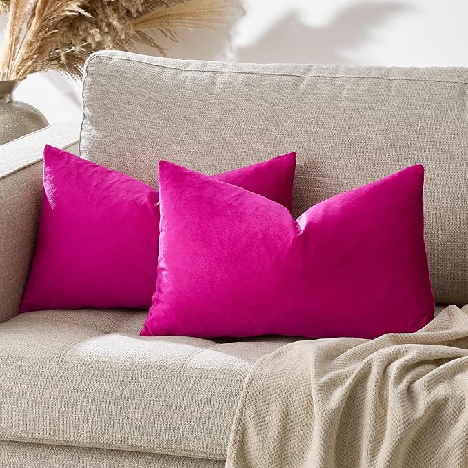GIGIZAZA 12x20 Hot Pink Pillow Covers Velvet Lumbar Pillow Decorative Throw Pillows Couch Sofa Covers Bedroom Set of 2
