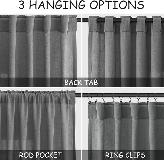 Dark Grey Linen Curtains 100 Inches Long for Bedroom Back Tab Light Filtering Privacy Sheer Curtains Modern Farmhouse Coastal Decor Cotton Textured Curtain for Living Room 2 Panel Set