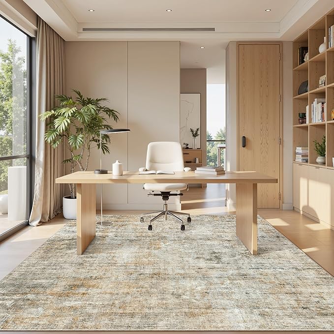 Soalmost 6x9 Abstract Area Rugs for Living Room 6 x 9 Washable Non Slip Low Pile Rugs for Bedroom Dining Room Foldable Thin Brown Grey