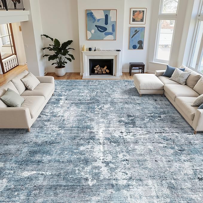 12x15 Washable Area Rug Blue/Grey Neutral Abstract Living Room Large Carpet Non Slip Bedroom Indoor Office Dining Room Low Pile Thin Rug
