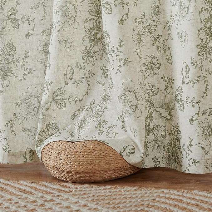 jinchan Pinch Pleated Curtains Floral Linen Blend Curtains for Living Room 84 Inches Length Green Peony Flower Printed Curtain Rod Pocket Back Tab Farmhouse Drapes with Hooks Set 2 Panels