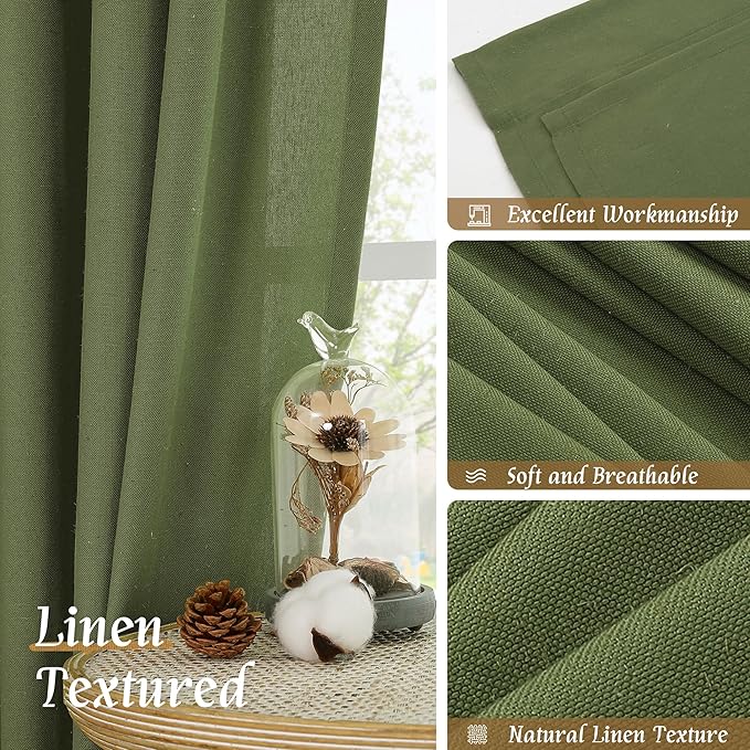 LAMIT Linen Blended Curtains 84 inch for Living Room, Linen Textured Light Filtering Drapes Rod Pocket Boho Panels for Farmhouse/Living Room, 2 Panels, 52 x 84 Inch, Olive Green