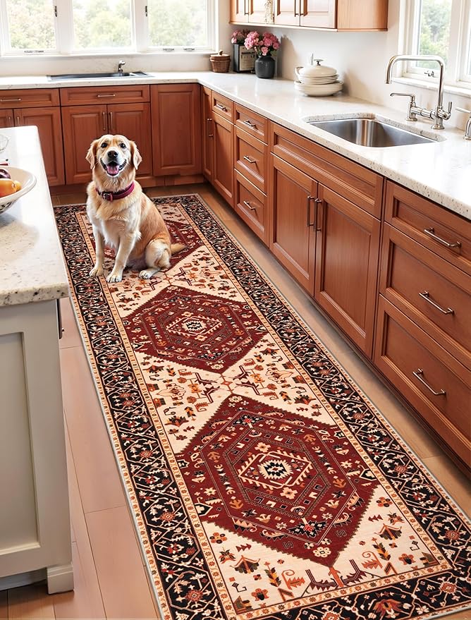 SERISSA Runner Rug for Hallways, 2'6"x10' Washable Non Slip Kitchen Runner Rug, Long Boho Rug Vintage Red Black Hallway Stair Ultra Soft Print Floor Carpet for Bedroom Bathroom Laundry Room