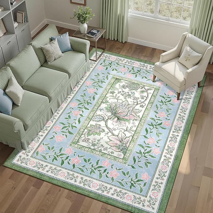 GarveeHome Blue Green Pink 8x10 Area Rugs for Living Room, Botanical Grove Cottagecore Washable Rug for Bedroom Dining Nursery Low-Pile Vintage Large Carpet