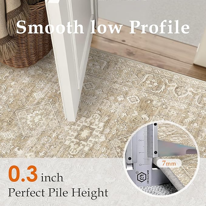 4x6 Washable Area Rug for Living Room Bedroom Vintage Beige Soft Low Pile Carpet Traditional Retro Non Slip Throw Rug for Dining Room Entryway Indoor Dorm Kitchen