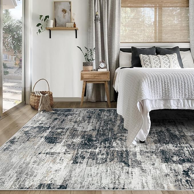 XLUEZ 5x7 Area Rugs for Living Room, Washable Modern Abstract Large Area Rug Neutral Soft Non Slip Kids Rug Stain Resistant Indoor Carpet for Bedroom Nursery Dining Room Playroom(BlackGrey, 5'x7')