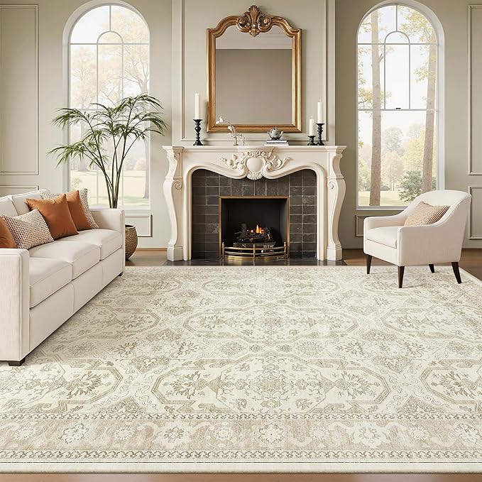 Soalmost 8x10 Area Rugs, Washable Rugs, Large Stain Resistant Beige Area Rug for Living Room Bedroom Dining Room, Vintage Farmhouse Rug