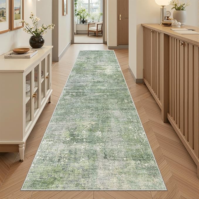 Runner Rug 2x8 Washable Non-Slip Hallway Runner Rugs for Kitchen Bathroom Laundry Room Green/Ivory Vintage Floor Carpet Runners for Hallways Entryway