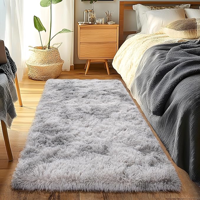 Runner Rugs for Bedroom 2x6 Rug Runners for Hallways Non Slip Soft Shag Bedside Rug, Fluffy Area Rug Throw Rugs for Living Room, Floor Carpet Runner for Nursery Kids Dorm, Light Grey