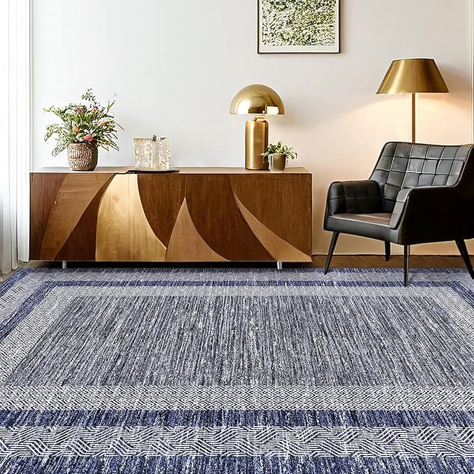 GarveeHome 8x10 Large Washable Area Rug Modern Bordered Rug Distressed Geometric Floor Carpet, Soft Non Slip Rug, Low Pile Non Shedding Rug, Indoor Blue Rug for Bedroom, Living Room