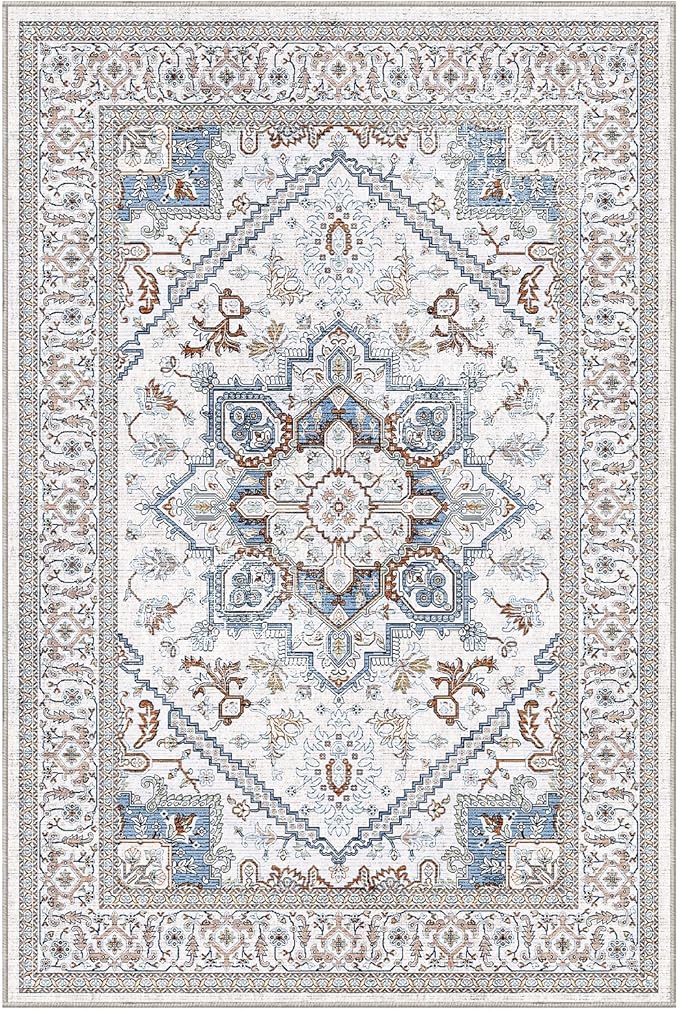 OPPODREAM Soft Throw Rugs 2x3, Small Neutral Washable Entryway Rugs 2 x 3 with Non Slip Backing, Low-Pile Faux Cashmere 2 x 3 Carpet, Cream White & Blue & Light Brown