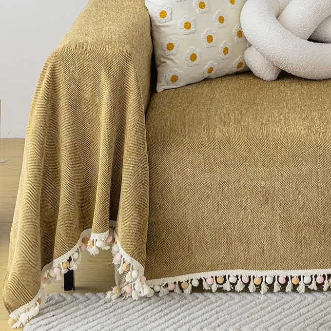 HANDONTIME Couch Covers for Pets Boho Mustard Yellow Love Seat Couch Covers Brown Sofa Cover for Dogs Pet Couch Protector Chenille Tassel Sofa Slipcovers Sofa Throw Cover Boho Decor, 71" X134"