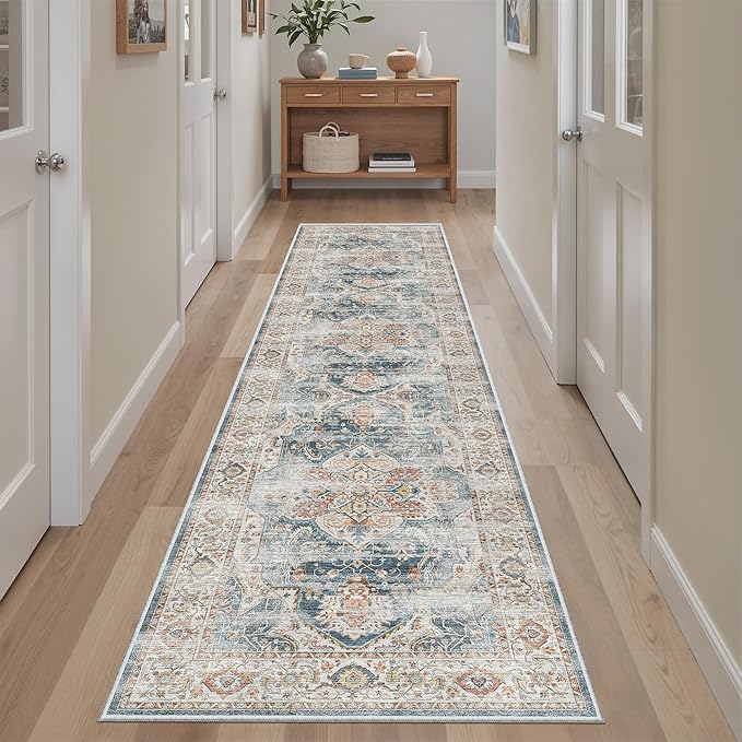 Madane Runner Rug 2x8, Washable Hallway Runner Rugs, Non-Slip Low-Pile Soft Kitchen Rug Runner Laundry Room Rug, Vintage Throw Entry Foyer Mat for Entrance Living Room (Navy, 2 x 8)