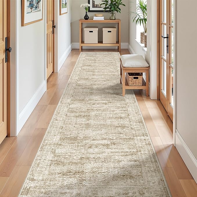 Long Bathroom Rugs Runner - Washable Runner Rugs for Hallway 2x10, Ultra-Thin Soft Kitchen Carpet Runner, Anti Slip Backing Runner Rugs for Entrance, Bedroom, Living Room(2'x10', Brown/Ivory)