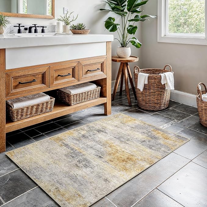 2x3 Washable Entryway Area Rug: Modern Abstract Small Runner Rug for Hallway Soft Non Slip Door Mat with Rubber Backing Low Pile Thin Floor Carpet for Kitchen Bathroom Bedroom Indoor(Grey/Yellow,2x3)