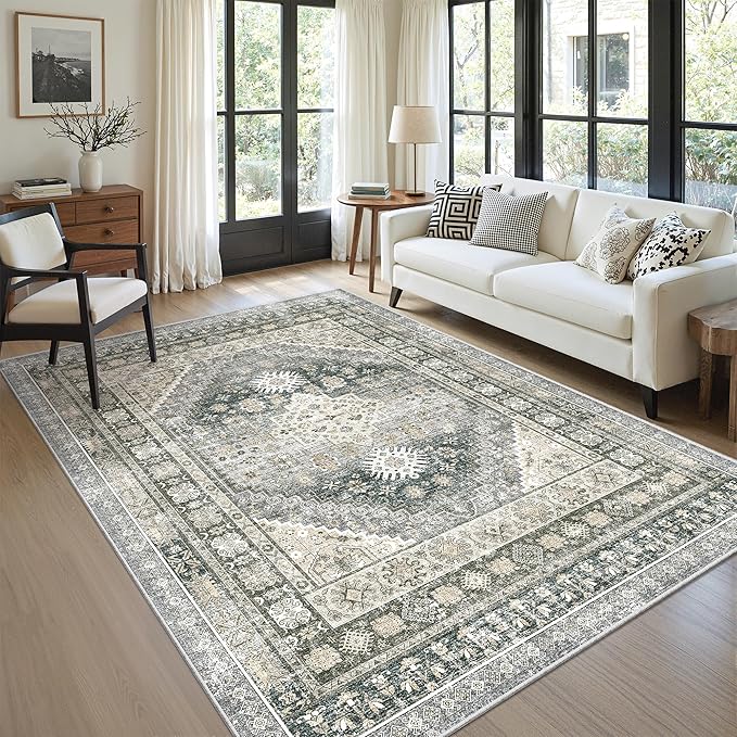 zesthome 5x7 Area Rugs - Ultra-Thin Washble Rug, Stain Resistant Anti Slip Backing Rugs for Living Room,Bedroom, Vintage Home Decor Area Rug (Wheat/Charcoal,5'x7')