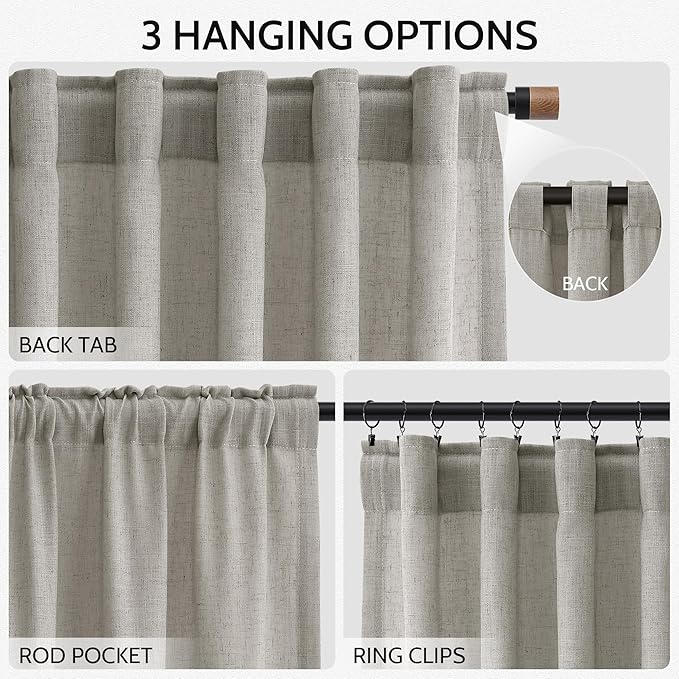 Silver Grey Linen Curtains 72 Inch Length for Living Room Back Tab Rod Pocket Light Filtering Semi Sheer Modern Farmhouse Coastal Decor Cotton Textured Gauze Curtain for Bedroom Office, 2 Panels