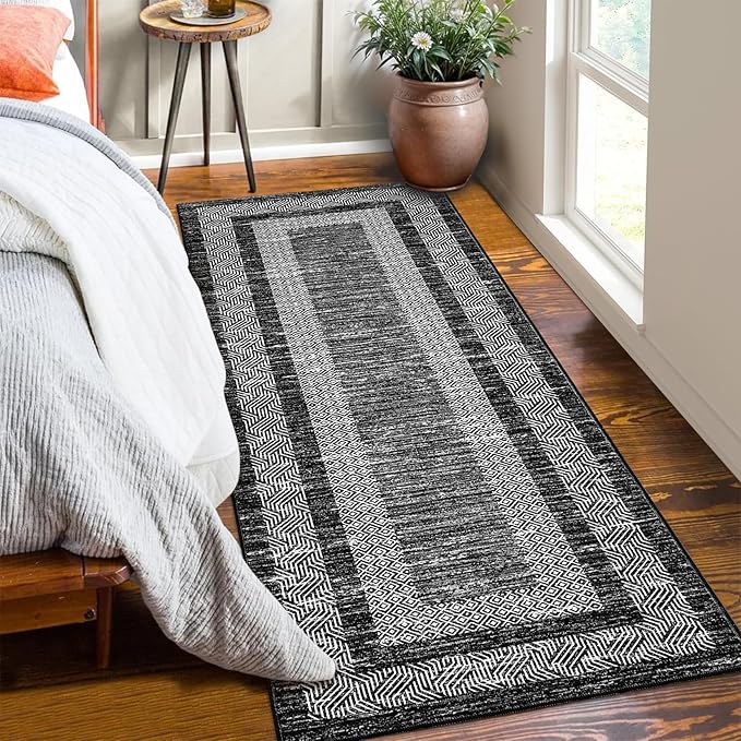 GarveeHome Washable Runner Rug 2x6 Modern Hallway Rug Non Slip Entryway Runner, Geometric Bordered Printed Carpets, Low Pile Thin Foldable Floor Mats, Soft Non Shedding for Kitchen Laundry, Black