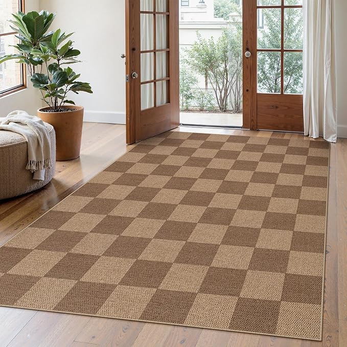 Lahome Colette Checkered Easy Jute Living Room Rugs, 5x7 Large Dining Room Office Carpet Farmhouse Washable Area Rug, Checkerboard Neutral Non Slip Indoor Outdoor Carpet for Bedroom Entry Patio