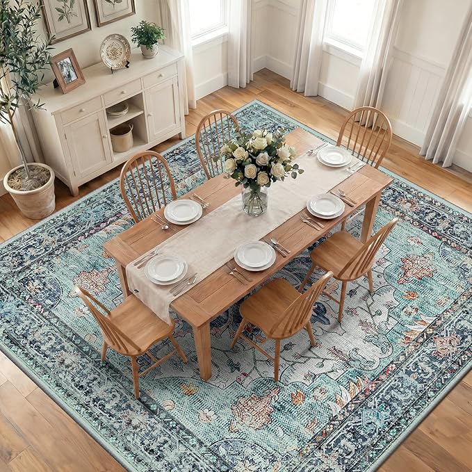 RELEANY Area Rugs Square 10ft Washable Non-Slip, Floral Vintage Distress Print Pattern Medallion Carpet for Living Room Bedroom Dining Room, Green Navy Blue White Red Teal Colorful