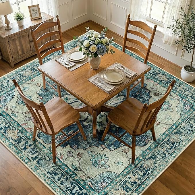 Area Rugs Square 7ft Washable Non-Slip, Floral Vintage Distress Print Pattern Medallion Carpet for Living Room Bedroom Dining Room, Dark Blue Vintage