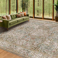 Washable 10x14 Living Room Rug - Moss Green Large Area Rug for Dining Room Under Table, Low Pile Non-Slip Floor Carpet for Bedroom Under Bed - Neutral Taupe Design & Stain Resistance