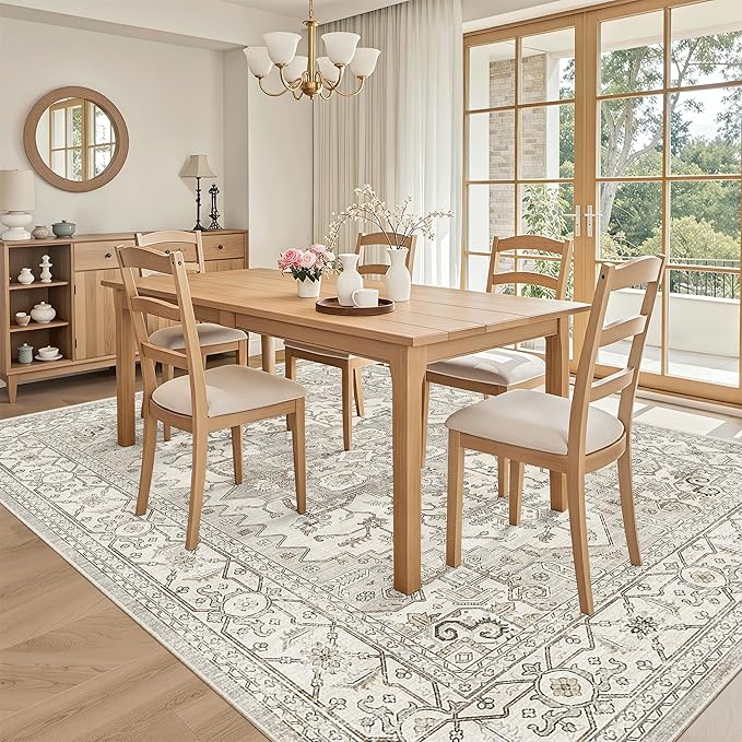 Madane 5x7 Area Rugs for Living Room, Stain Resistant Washable Rug, Non-Slip Backing Area Rug, Vintage Home Decor Rug for Bedroom (Beige/Brown, 5'x7')