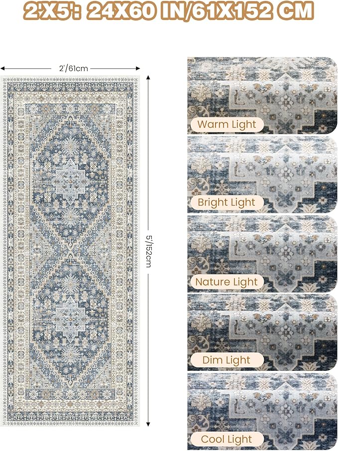 2x5 Rug Runner Washable for Entryway, Soft Bathroom Rugs with Non-Slip Backing,Vintage Low Pile Stair Runner, Small Kitchen Carpet for Hallways, Laundry Room(Blue/Beige,2'x5')