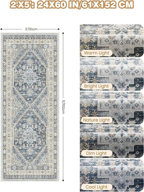 2x5 Rug Runner Washable for Entryway, Soft Bathroom Rugs with Non-Slip Backing,Vintage Low Pile Stair Runner, Small Kitchen Carpet for Hallways, Laundry Room(Blue/Beige,2'x5')