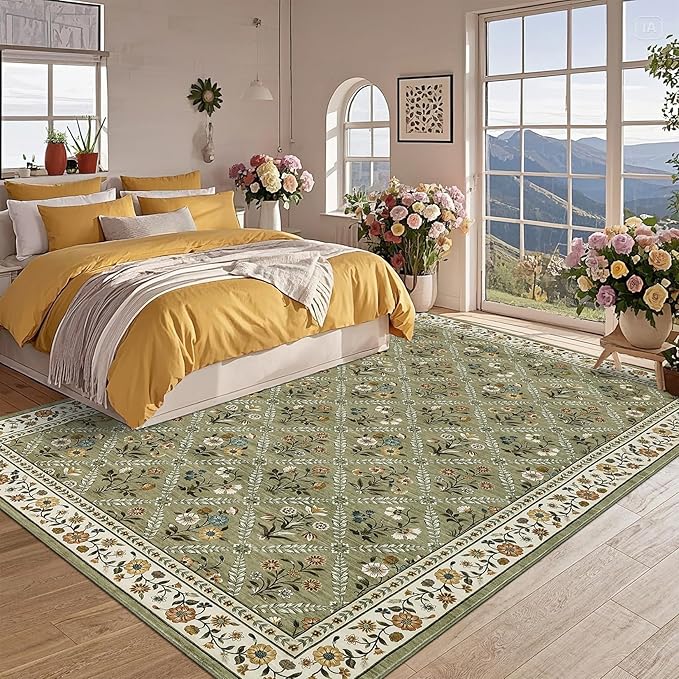 GarveeHome Grey Floral Rug 4x6 Rug Machine Washable Area Rug for Living Room Farmhouse Floral Low Pile for Dining Room, Bedroom Indoor Foldable Non-Slip Green RV