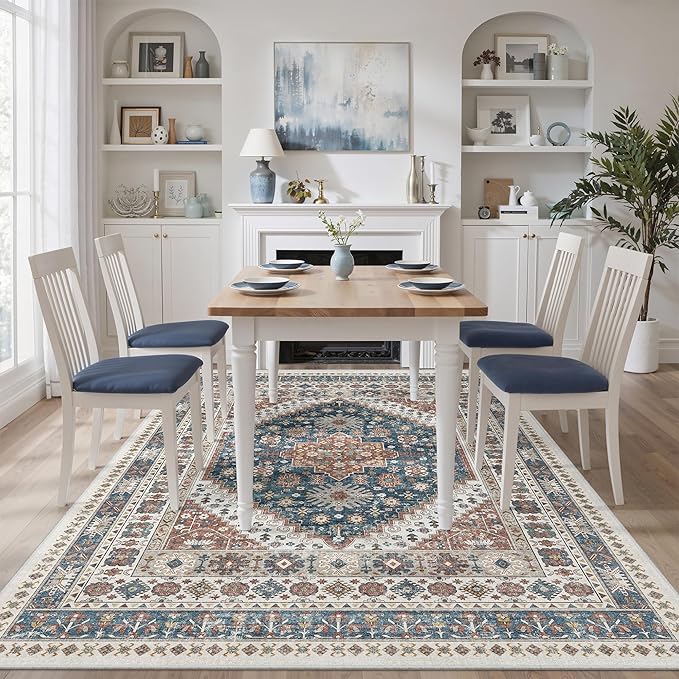 zesthome 5x7 Area Rugs - Ultra-Thin Washble Rug, Stain Resistant Anti Slip Backing Rugs for Living Room,Bedroom, Vintage Home Decor Area Rug (Navy Blue/Red,5'x7')
