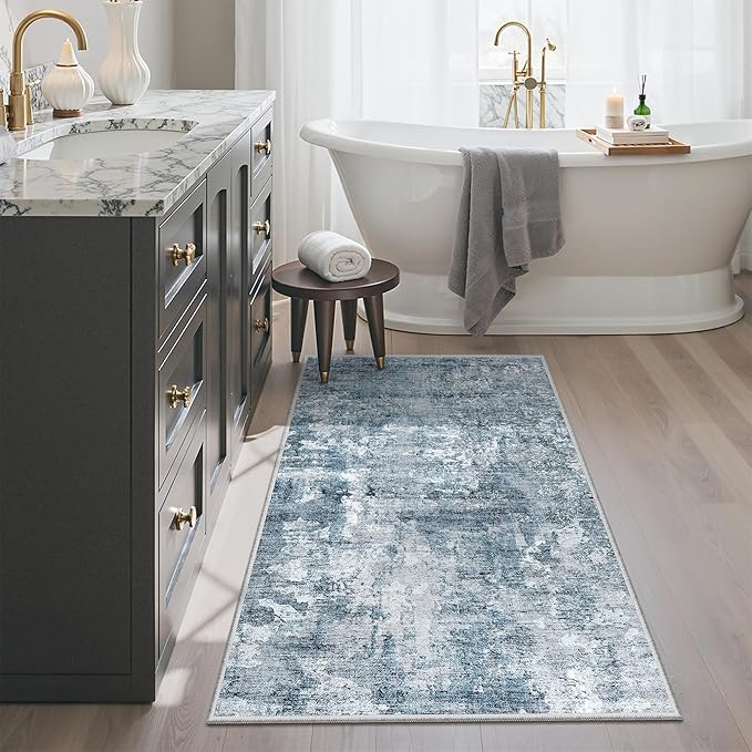 Soalmost 2x4 Washable Rugs for Kitchen, Floor, Entryway, Powder Room Small Area Rug Non-Slip Vintage Low Pile Throw Door Mat Blue/Grey