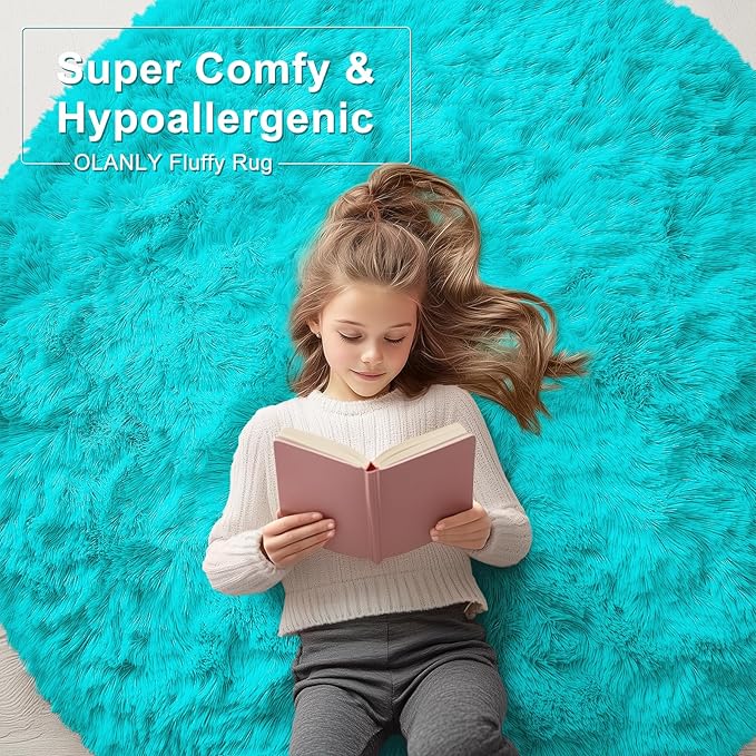 OLANLY Teal Blue Round Rugs for Bedroom - Machine Washable, 7 ft Circle Area Rugs for Living Room, Soft and Fluffy Shaggy Carpet for Teen Girls and Boys, Nursery Rooms, Dorms, Home Decor Aesthetic
