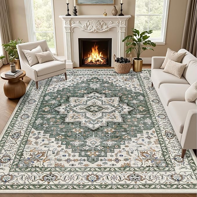 Area Rugs 10x12 Living Room Rug: Washable Rug Soft Vintage Boho Medallion Carpet Indoor Non-Slip Stain Resistant Large Carpets for Bedroom Dining Room Farmhouse Nursery Home Office Green Ivory