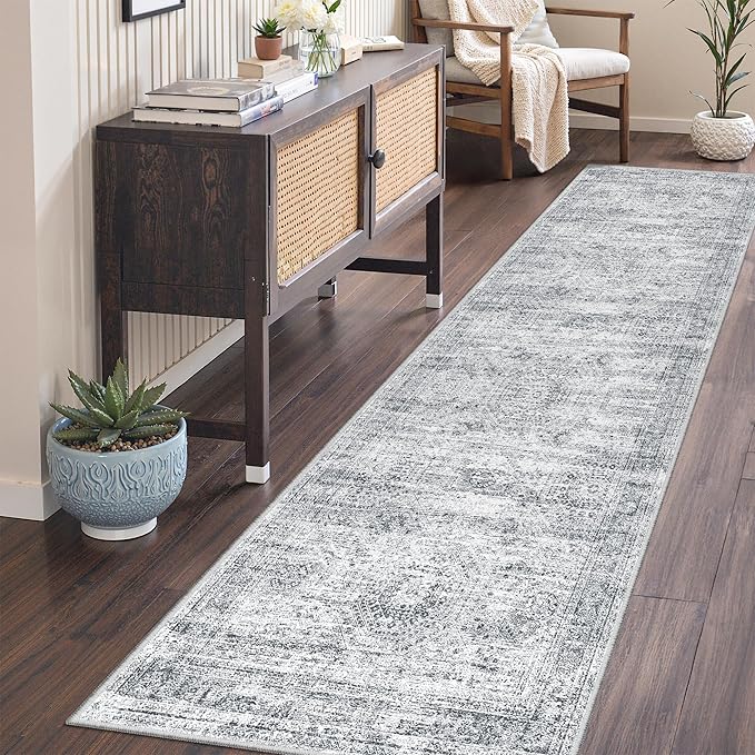2x7 Runner Rug Non Slip, Thin Entryway Washable Rug for Entryway, Runners for Hallways, Low Pile Vintage Abstract Soft Rugs for Living Room, Kitchen, Bedroom(2'x7', Grey/Ivory)