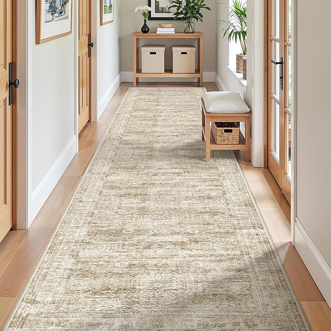 Washable Runner Rug 2.5x12, Non-Slip Long Bathroom Rugs Runner for Kitchen, Living Room, Bedroom, Soft Vintage Washable Rug for Entryway, Thin Floor Mat for Dining Room(2.5'x12', Brown/Ivory)