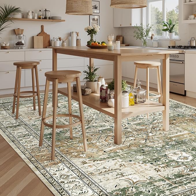 9x12 Area Rugs for Living Room, Non Slip Machine Washable Vintage Rugs, Low Pile Lightweight Large Rug for Bedroom, Dining Room, Home Office Olive