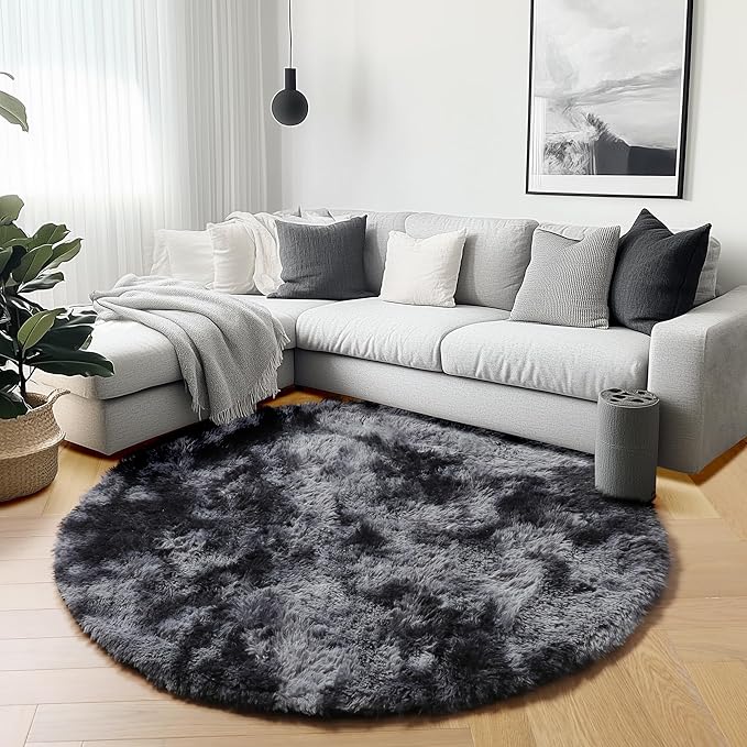 ONASAR Round Rugs 6ft for Living Room Bedroom, Tie-Dyed Dark Grey Fluffy Circle Area Rug for Kids Girls Boys Teen, Soft Plush Shaggy Carpet for Nursery Dorm Classroom Playroom Home Decor Aesthetic