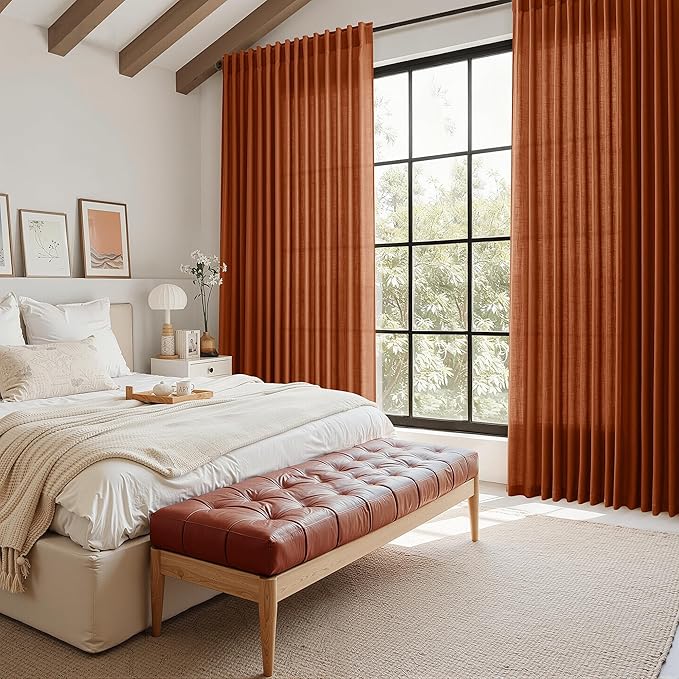 Nanspring Rustic Farmhouse Linen Curtains 96 Inches Long 2 Panel Set Back Tab Terracotta Boho Curtain for Living Room Semi Sheer Light Filtering Luxury Home Decor for Bedroom Dining Room 60x96